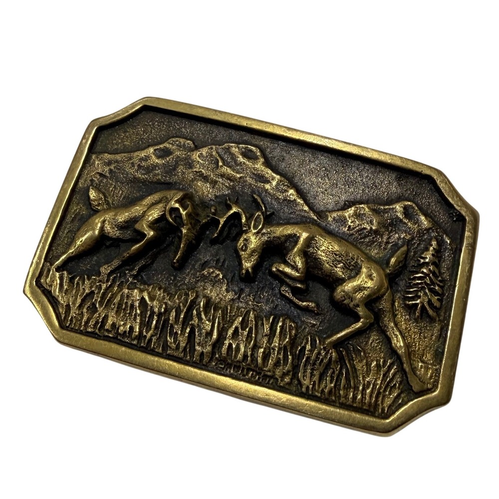 Vintage Heritage Mint Ltd 1982 Solid Brass Fighting Buck Deer Belt Buckle